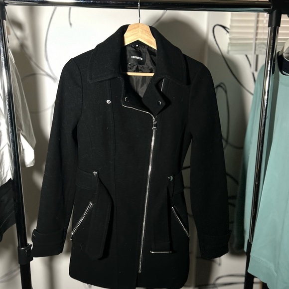 Express Black Peacoat with Belt and Silver Accents, Size XS - Picture 1 of 5